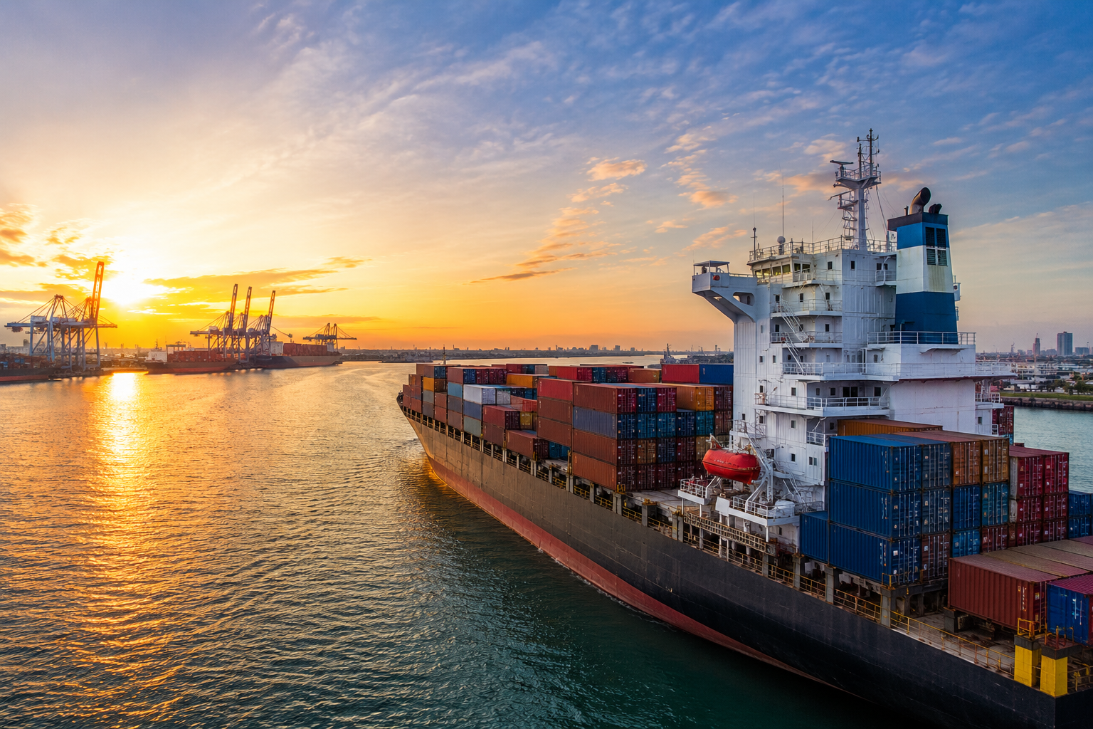 Container ship transporting products across the sea